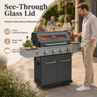 Gas Grill with Side Burner, 56,000 BTU Outdoor BBQ 4-Burner Propane Grill with Lid Viewing Window, Built-In Thermometer, Cast Iron Grates, Warming Rack for Patio Backyard
