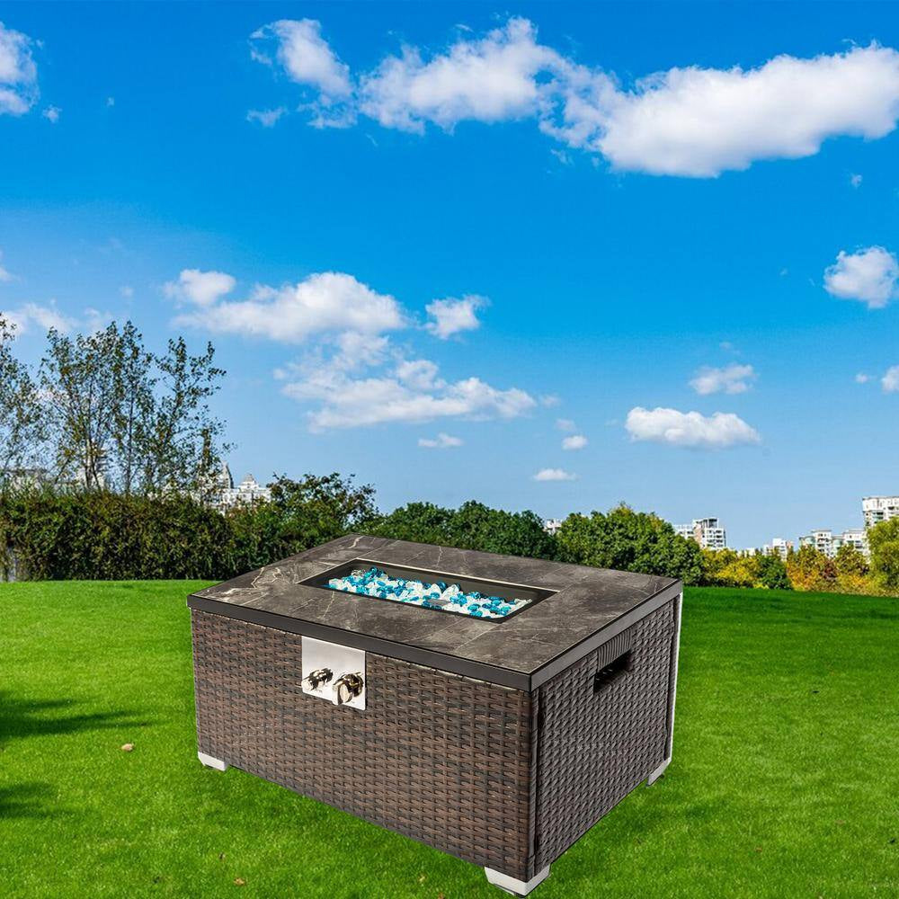 Rectangle Steel and Wicker Propane Outdoor Fire Pits in Brown 32 In. W X 20 In. D X 15 In. H