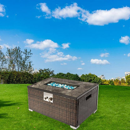 Rectangle Steel and Wicker Propane Outdoor Fire Pits in Brown 32 In. W X 20 In. D X 15 In. H