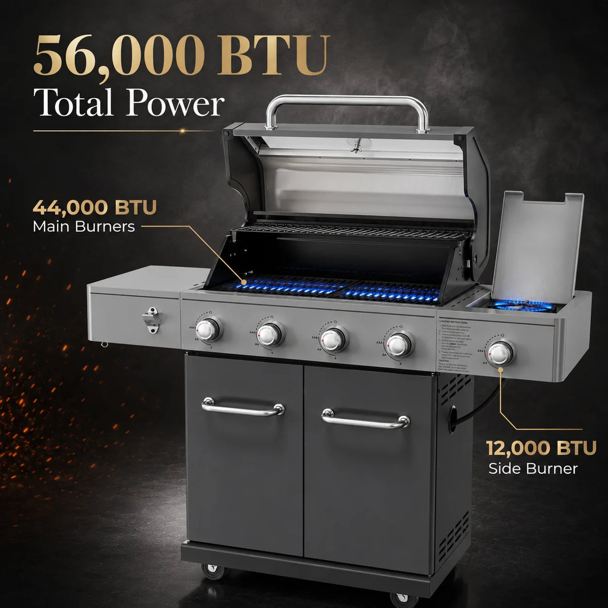 Gas Grill with Side Burner, 56,000 BTU Outdoor BBQ 4-Burner Propane Grill with Lid Viewing Window, Built-In Thermometer, Cast Iron Grates, Warming Rack for Patio Backyard