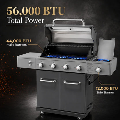 Gas Grill with Side Burner, 56,000 BTU Outdoor BBQ 4-Burner Propane Grill with Lid Viewing Window, Built-In Thermometer, Cast Iron Grates, Warming Rack for Patio Backyard