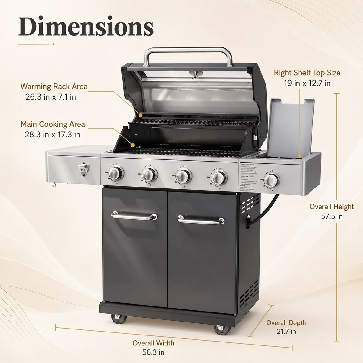 Gas Grill with Side Burner, 56,000 BTU Outdoor BBQ 4-Burner Propane Grill with Lid Viewing Window, Built-In Thermometer, Cast Iron Grates, Warming Rack for Patio Backyard