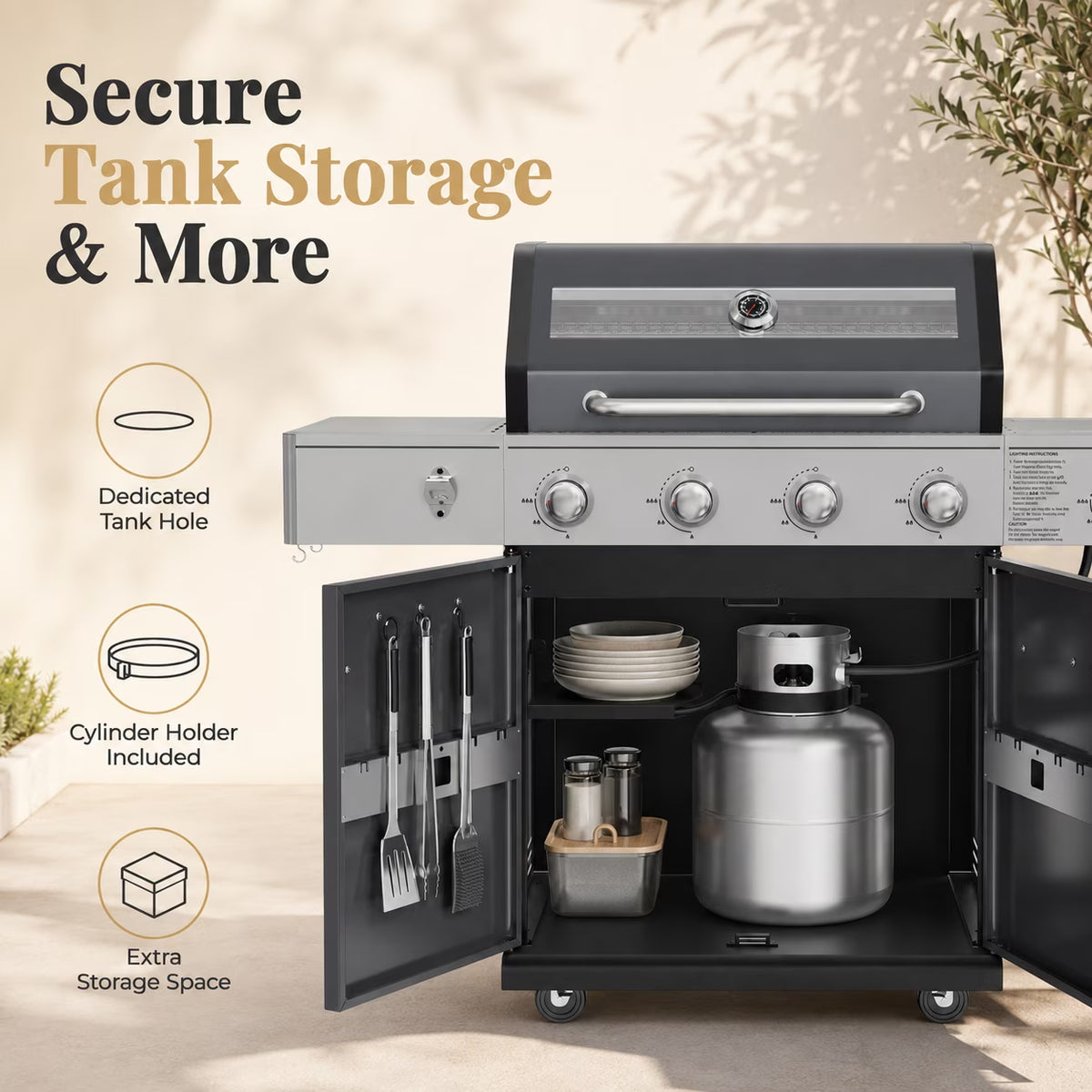 Gas Grill with Side Burner, 56,000 BTU Outdoor BBQ 4-Burner Propane Grill with Lid Viewing Window, Built-In Thermometer, Cast Iron Grates, Warming Rack for Patio Backyard