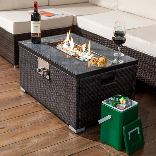 Rectangle Steel and Wicker Propane Outdoor Fire Pits in Brown 32 In. W X 20 In. D X 15 In. H