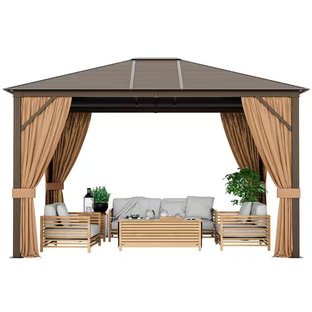 12 Ft. X 10 Ft. Brown Patio Hardtop Gazebo with Galvanized Steel Top Aluminum Frame Outdoor