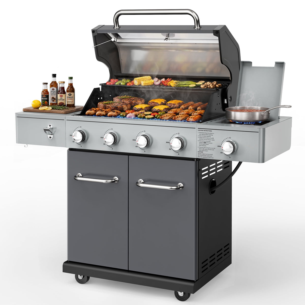 Gas Grill with Side Burner, 56,000 BTU Outdoor BBQ 4-Burner Propane Grill with Lid Viewing Window, Built-In Thermometer, Cast Iron Grates, Warming Rack for Patio Backyard
