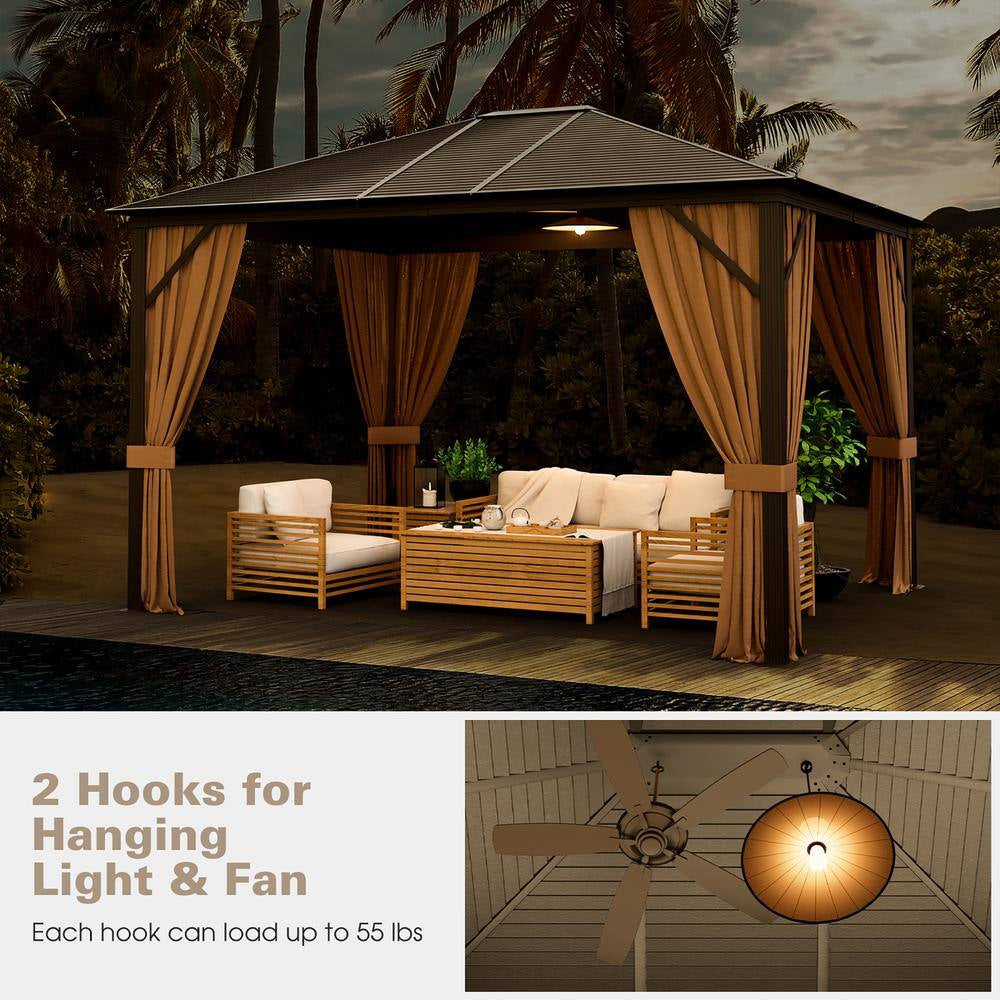 12 Ft. X 10 Ft. Brown Patio Hardtop Gazebo with Galvanized Steel Top Aluminum Frame Outdoor