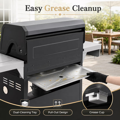 Gas Grill with Side Burner, 56,000 BTU Outdoor BBQ 4-Burner Propane Grill with Lid Viewing Window, Built-In Thermometer, Cast Iron Grates, Warming Rack for Patio Backyard