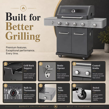 Gas Grill with Side Burner, 56,000 BTU Outdoor BBQ 4-Burner Propane Grill with Lid Viewing Window, Built-In Thermometer, Cast Iron Grates, Warming Rack for Patio Backyard
