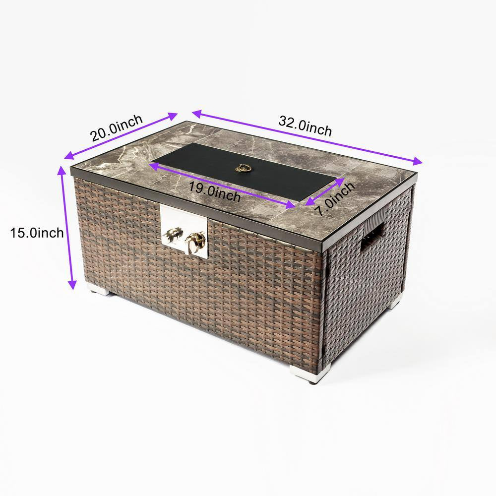 Rectangle Steel and Wicker Propane Outdoor Fire Pits in Brown 32 In. W X 20 In. D X 15 In. H