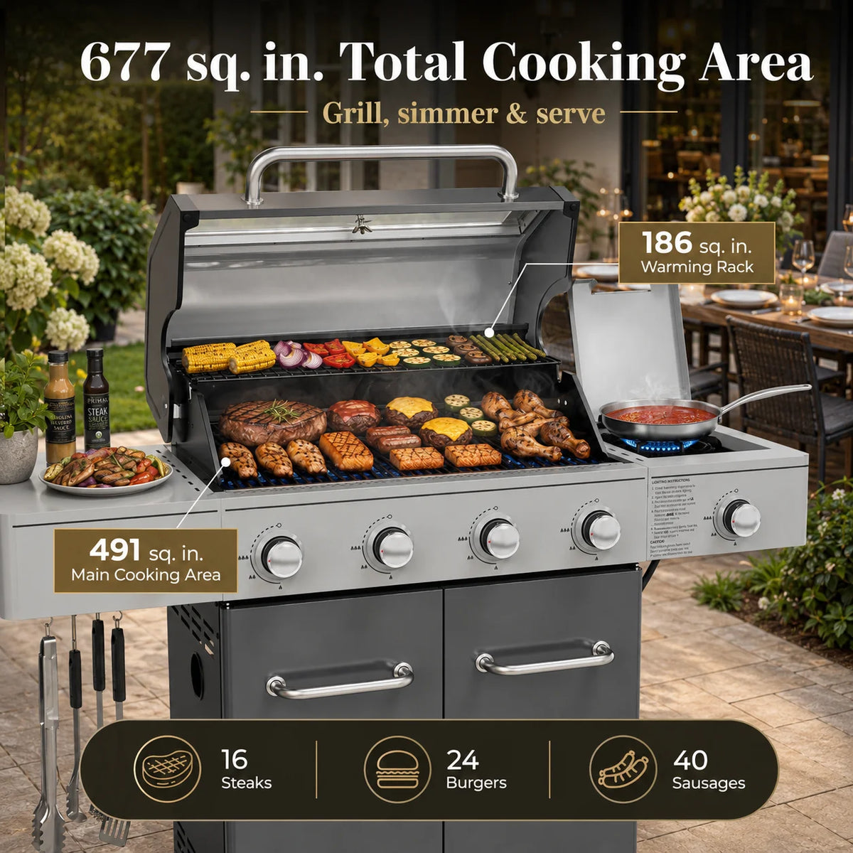 Gas Grill with Side Burner, 56,000 BTU Outdoor BBQ 4-Burner Propane Grill with Lid Viewing Window, Built-In Thermometer, Cast Iron Grates, Warming Rack for Patio Backyard